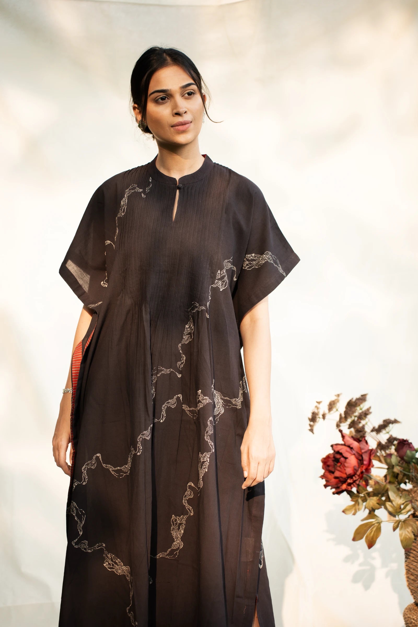 Black Mandarin Cotton Kaftan
