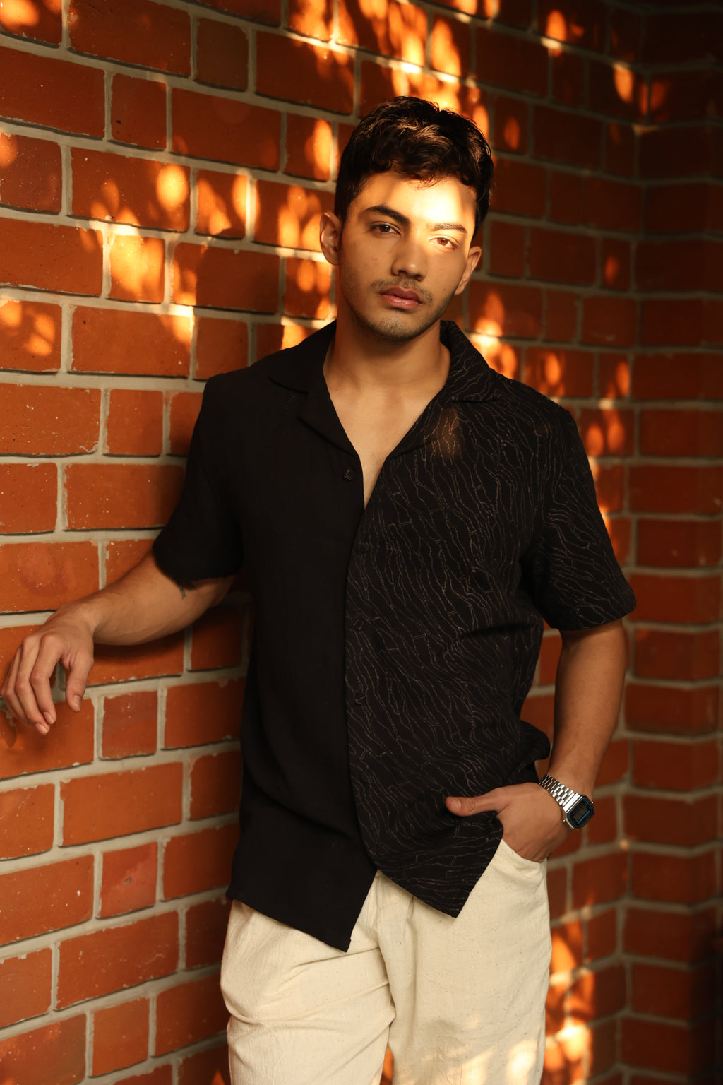 Black Notched Collar Mens Kala Cotton Shirt