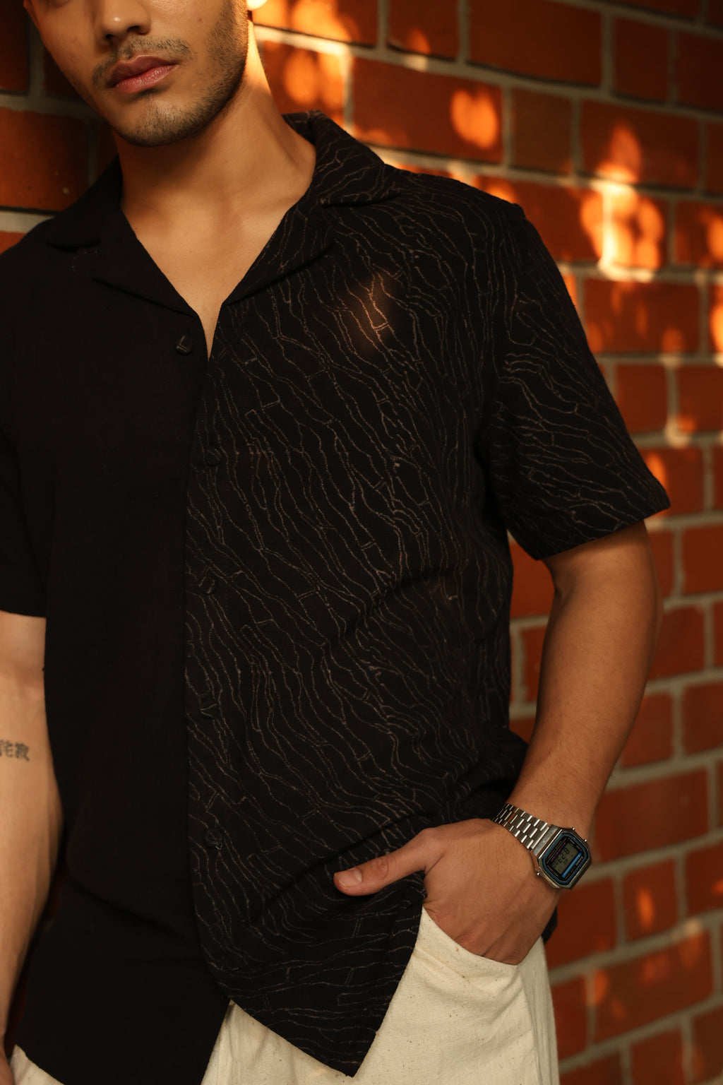 Black Notched Collar Mens Kala Cotton Shirt