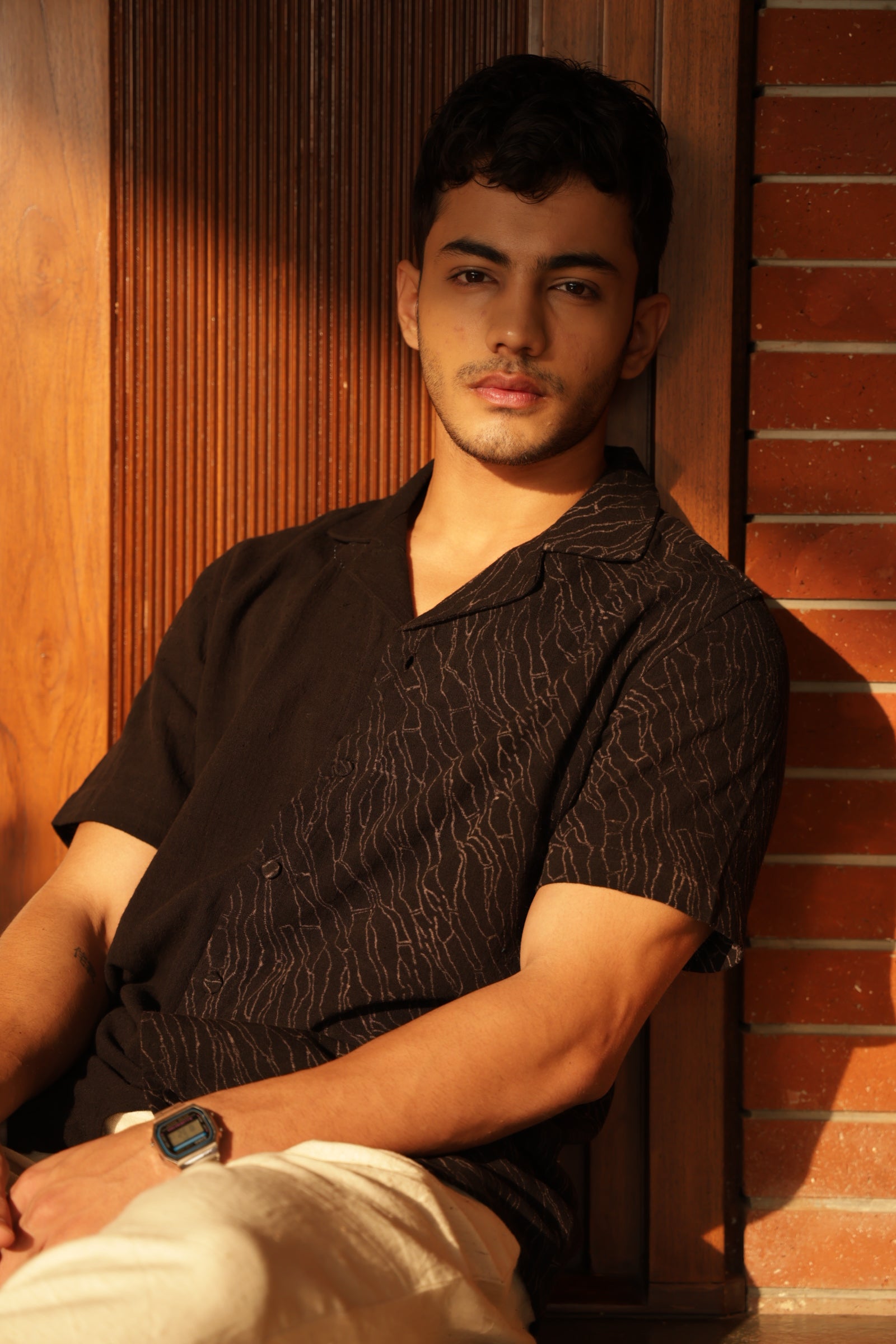 Black Notched Collar Mens Kala Cotton Shirt