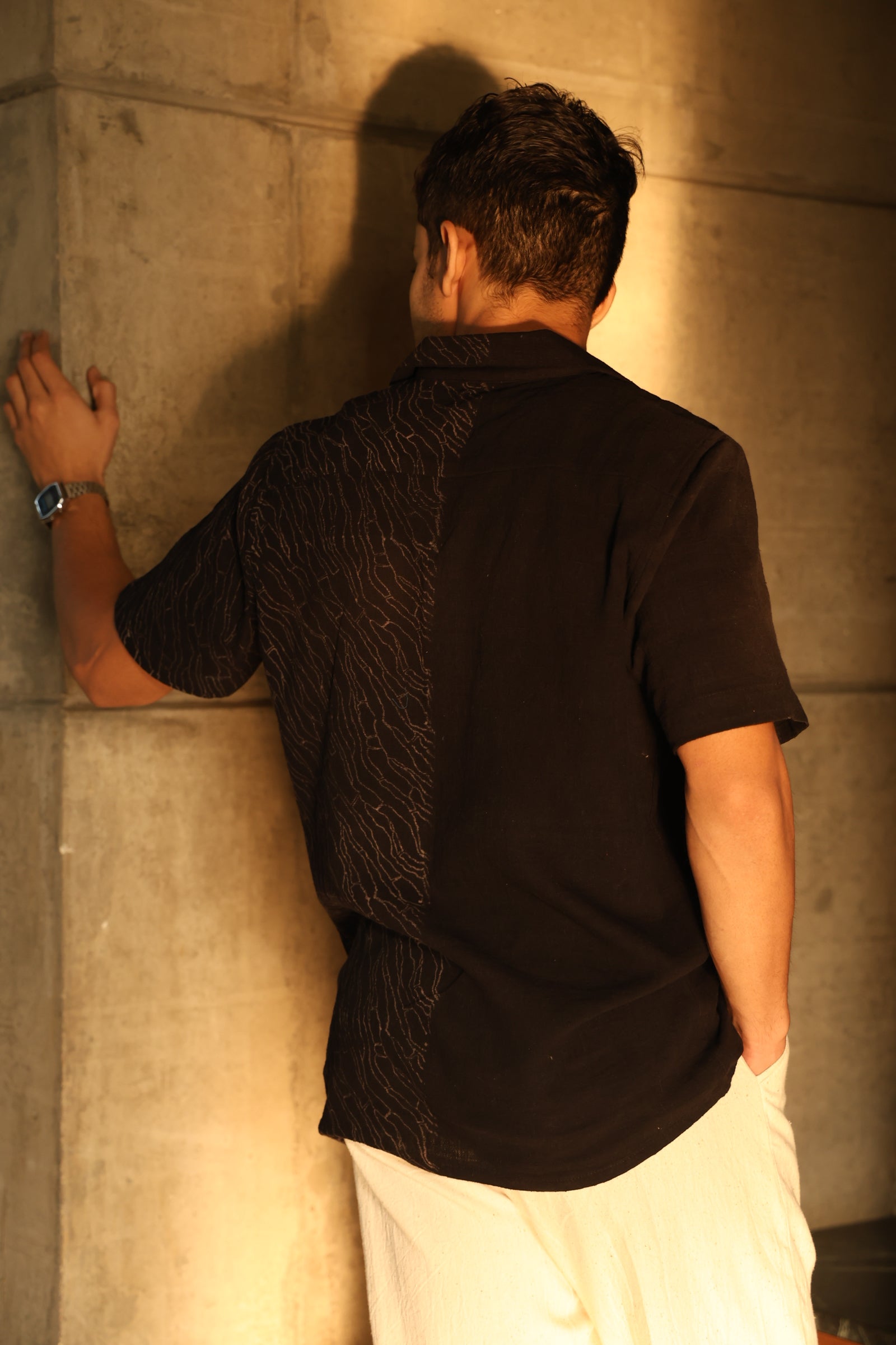 Black Notched Collar Mens Kala Cotton Shirt