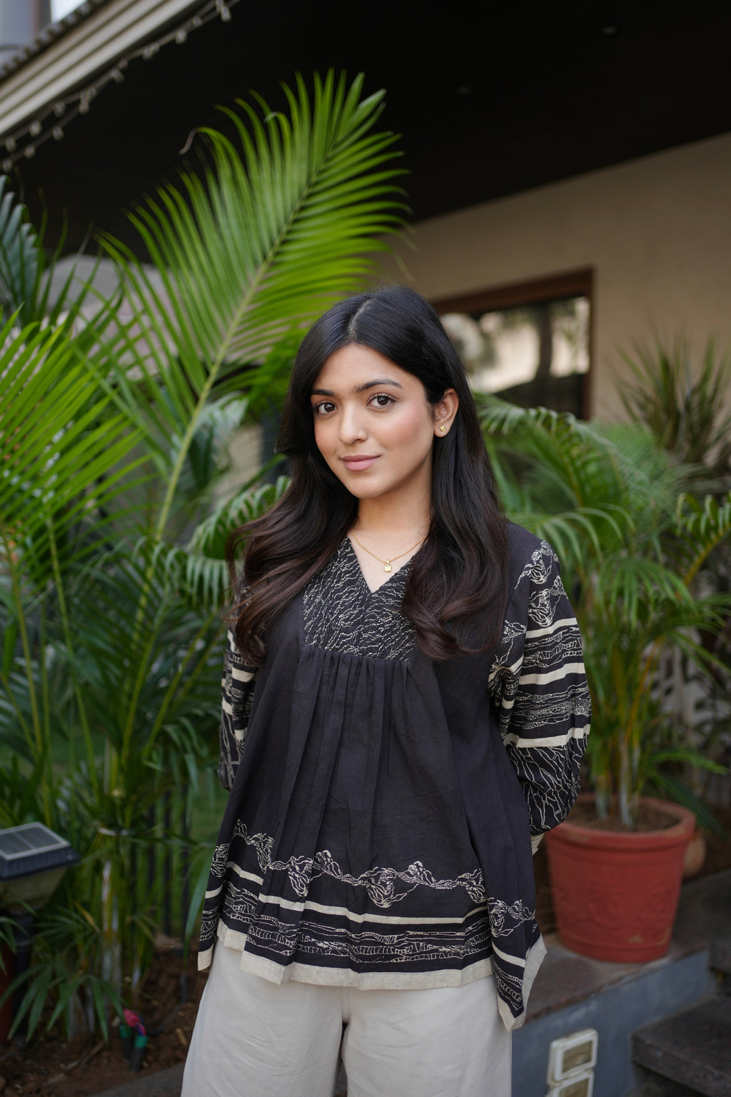 Black V neck Smocking Detail Top