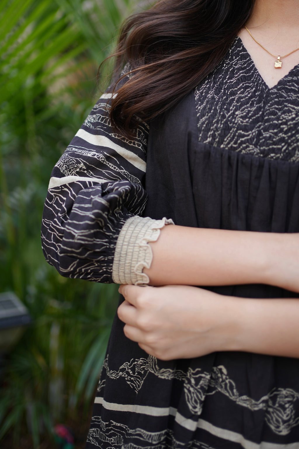 Black V neck Smocking Detail Top