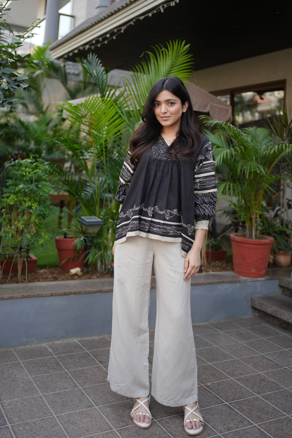 Black V neck Smocking Detail Top