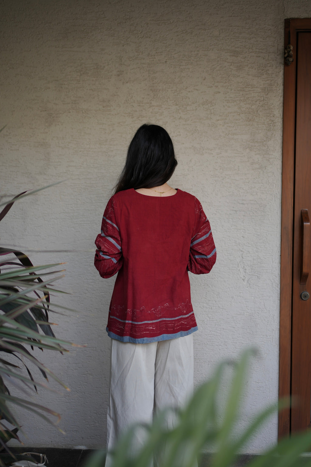 Red V neck Smocking Detail Top