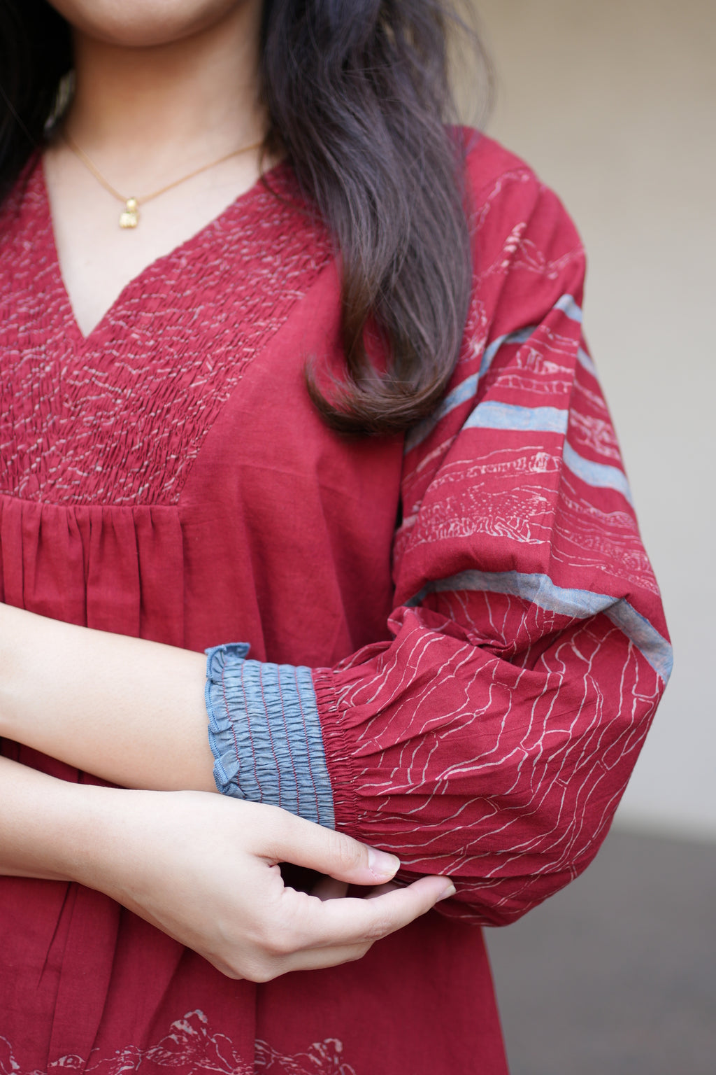 Red V neck Smocking Detail Top