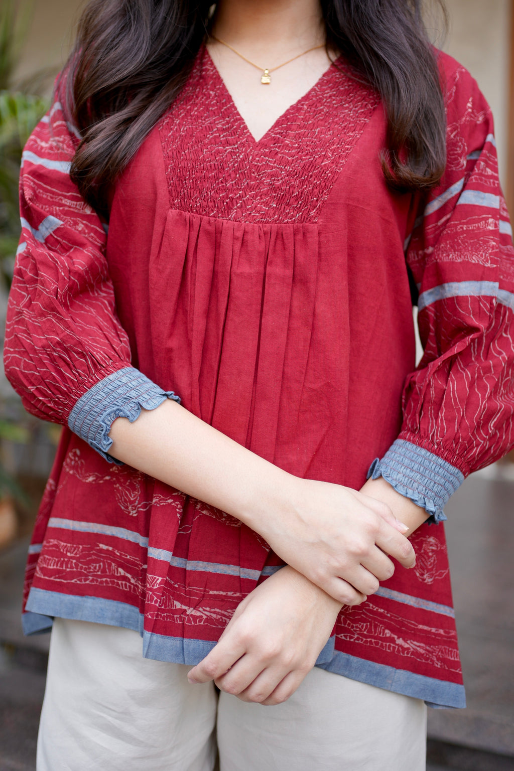 Red V neck Smocking Detail Top