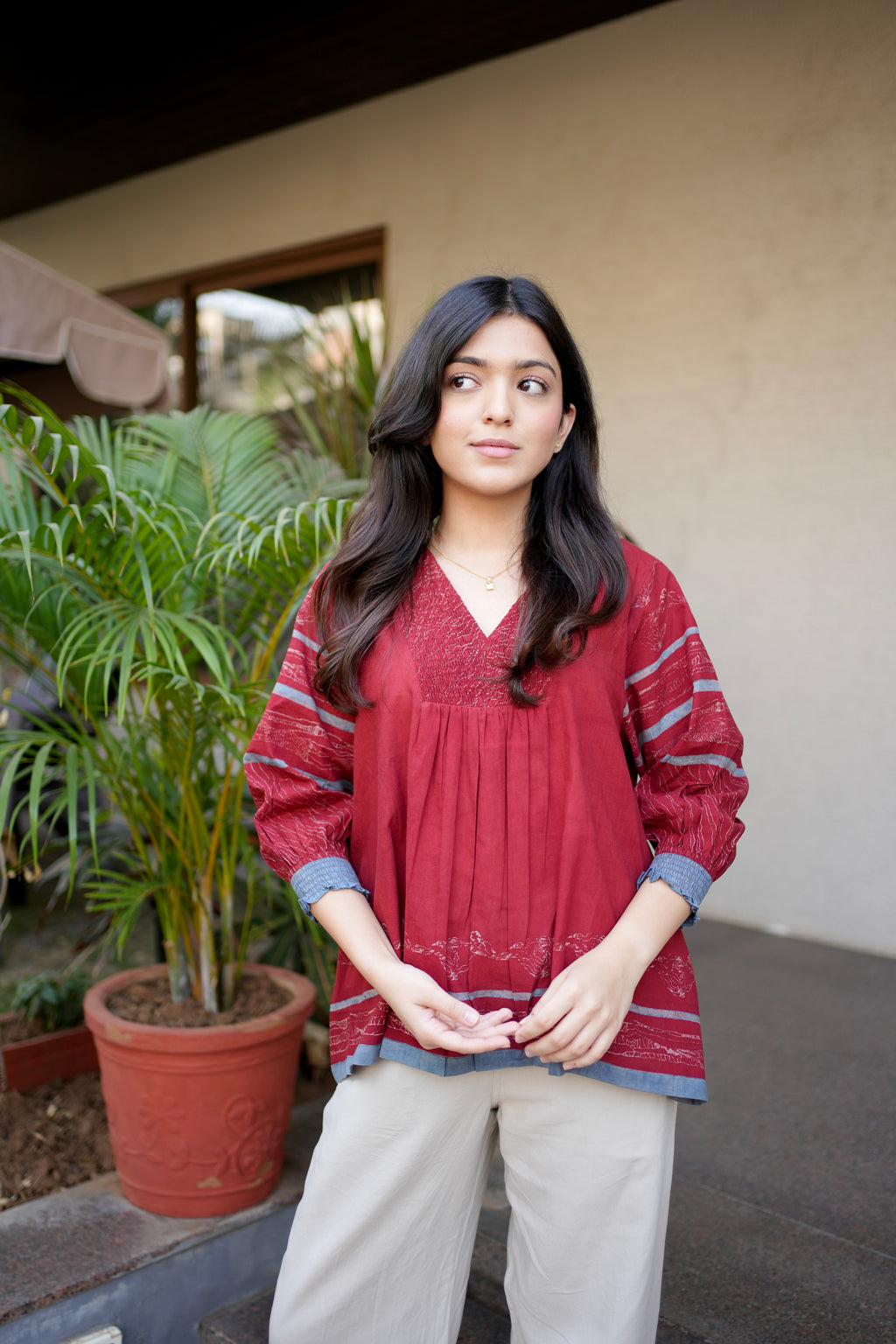 Red V neck Smocking Detail Top