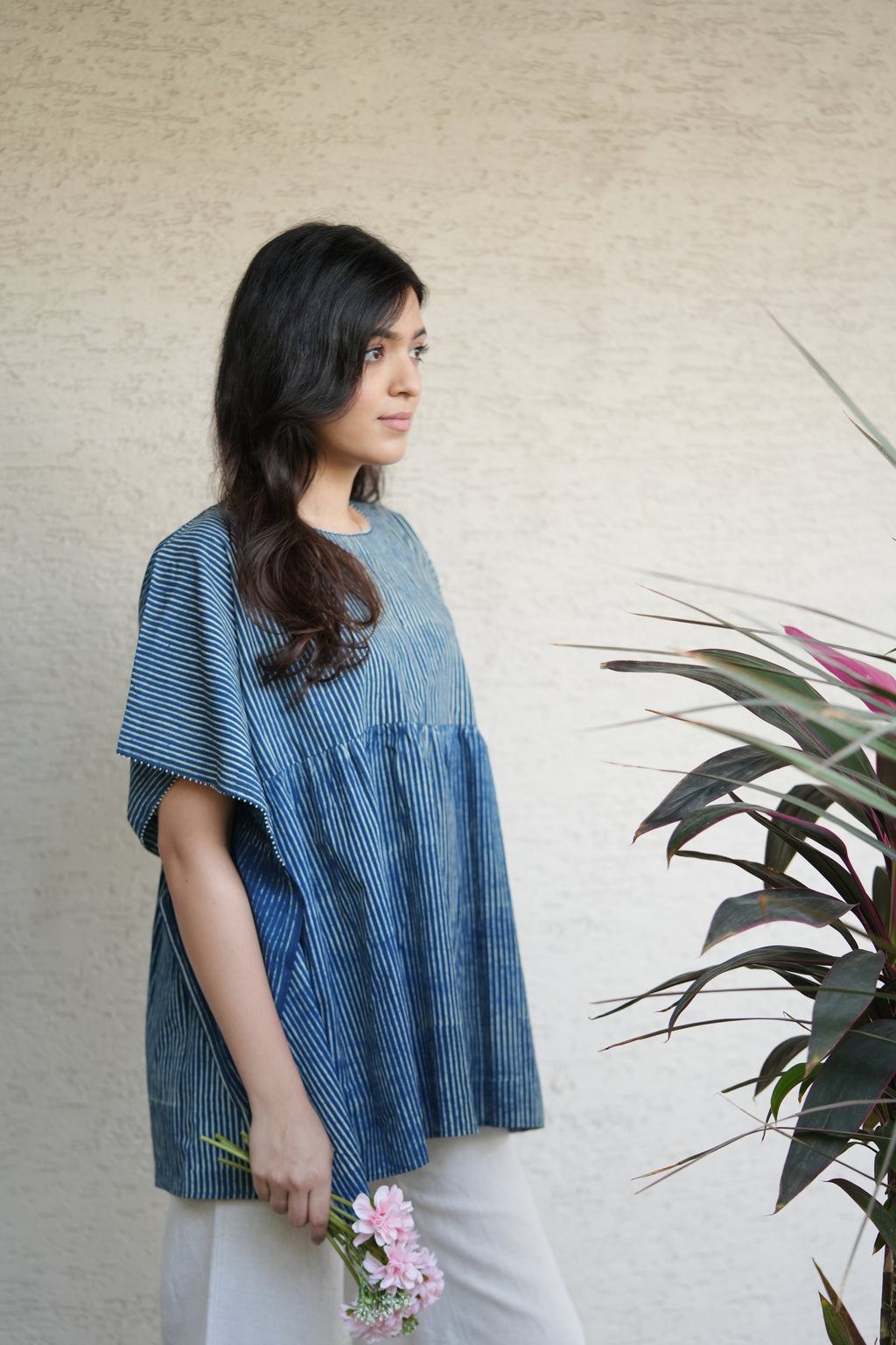 Indigo Embroidered Short Cotton Kaftan