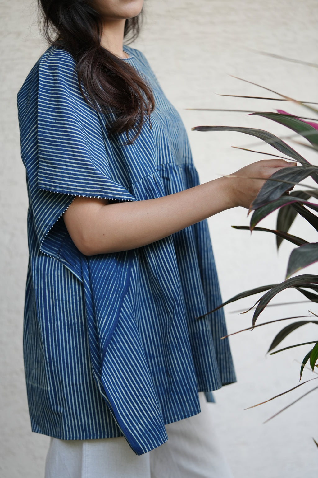 Indigo Embroidered Short Cotton Kaftan