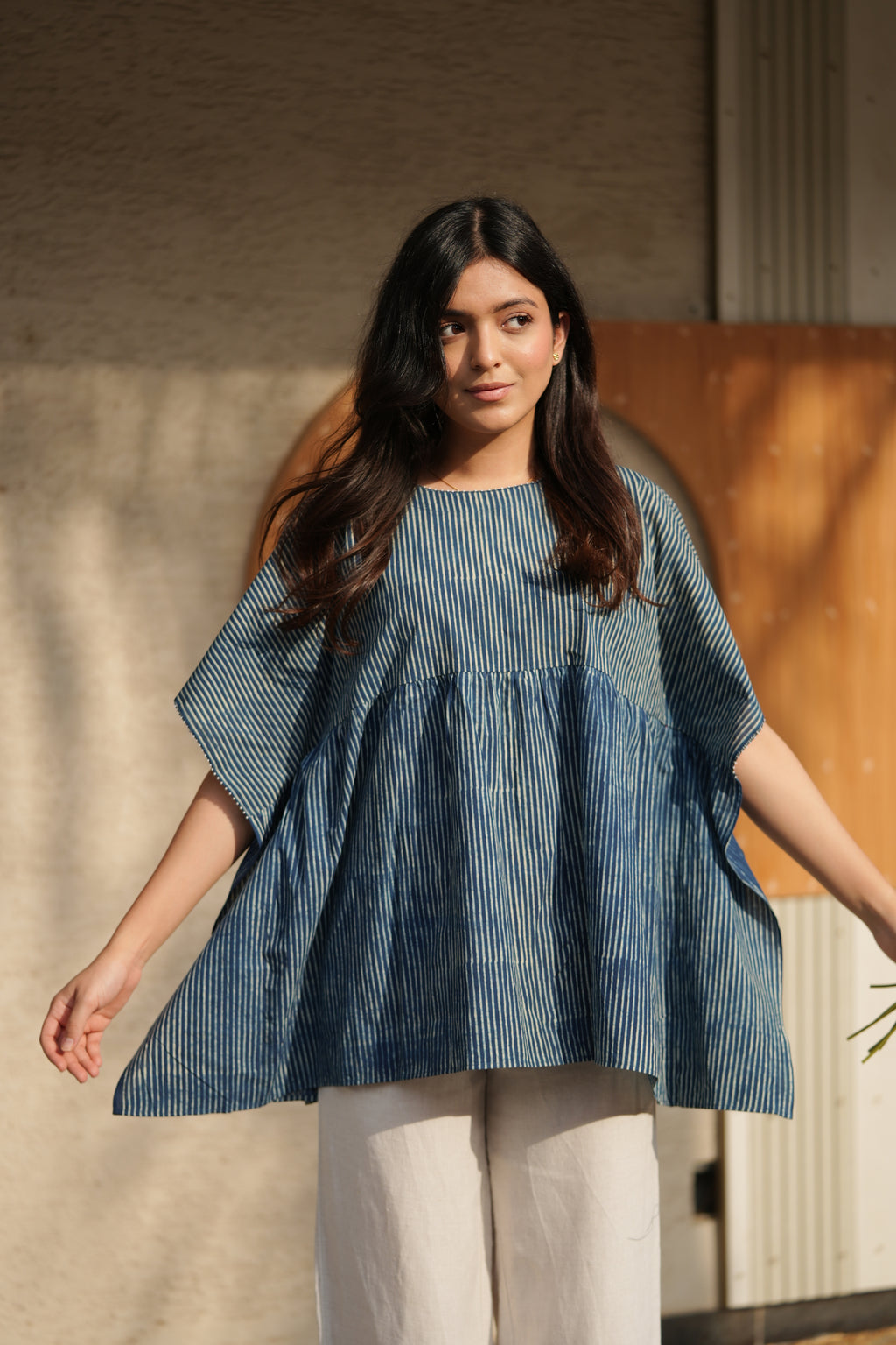 Indigo Embroidered Short Cotton Kaftan