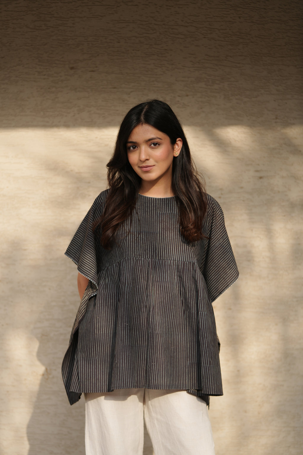 Black & Indigo Embroidered Short Cotton Kaftan