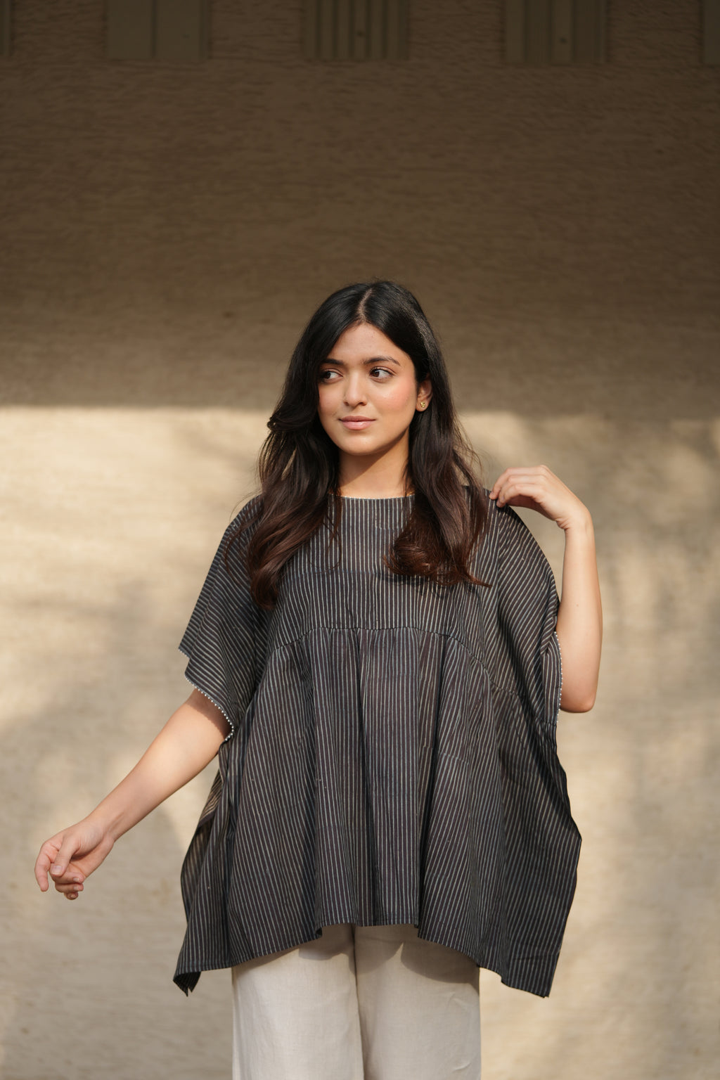 Black & Indigo Embroidered Short Cotton Kaftan
