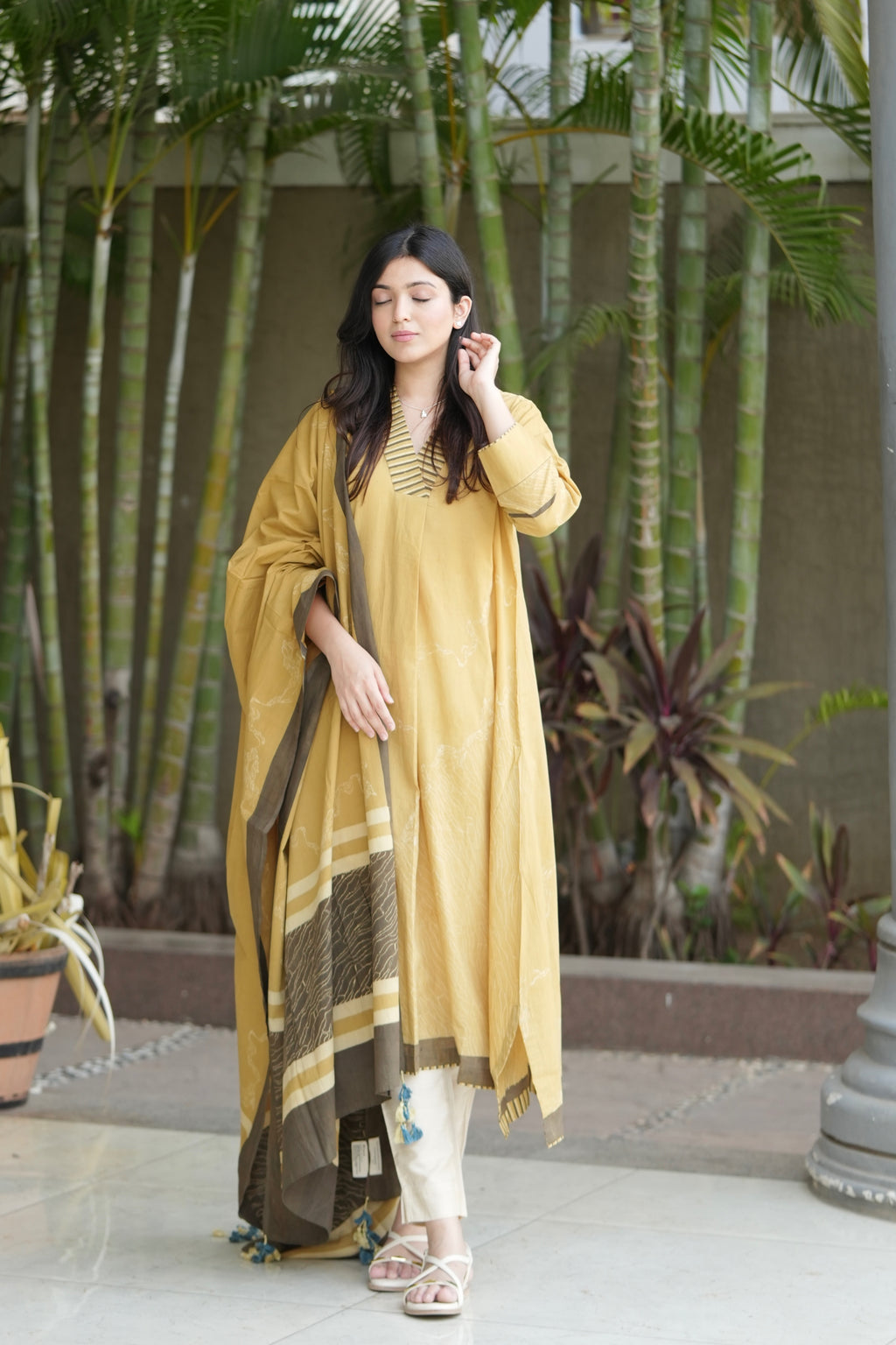 Mustard V Neck Cotton Kurta