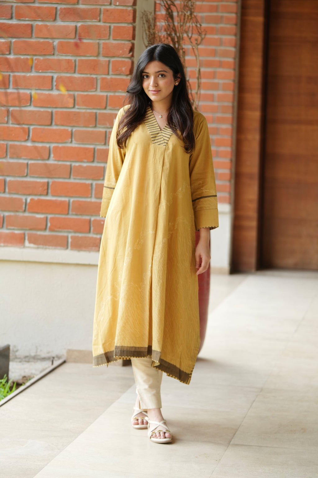 Mustard V Neck Cotton Kurta
