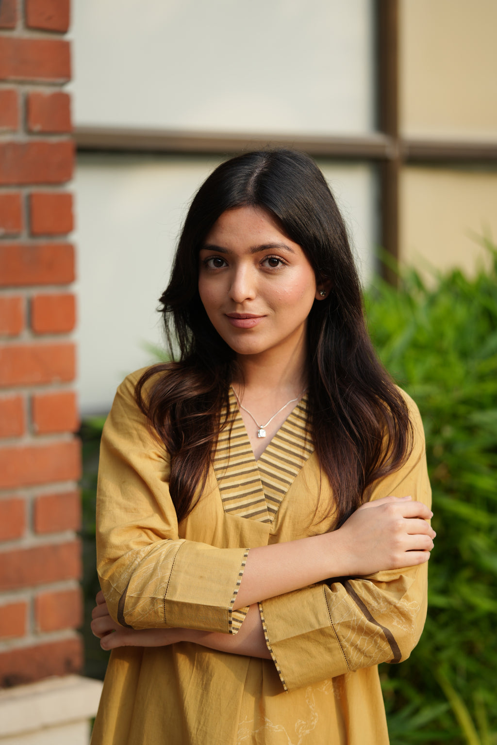 Mustard V Neck Cotton Kurta