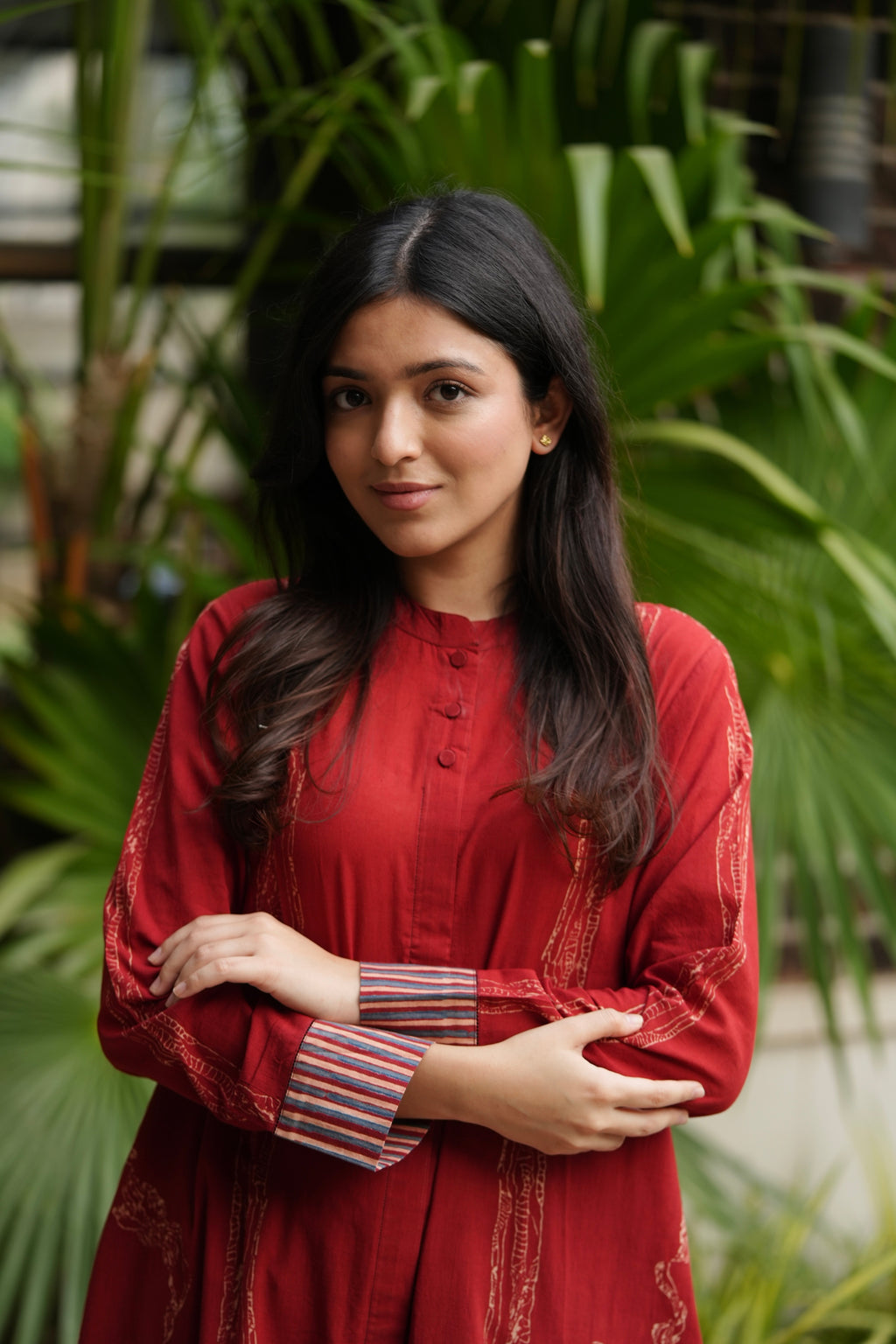 Red Mandarin Collar Cotton Kurta