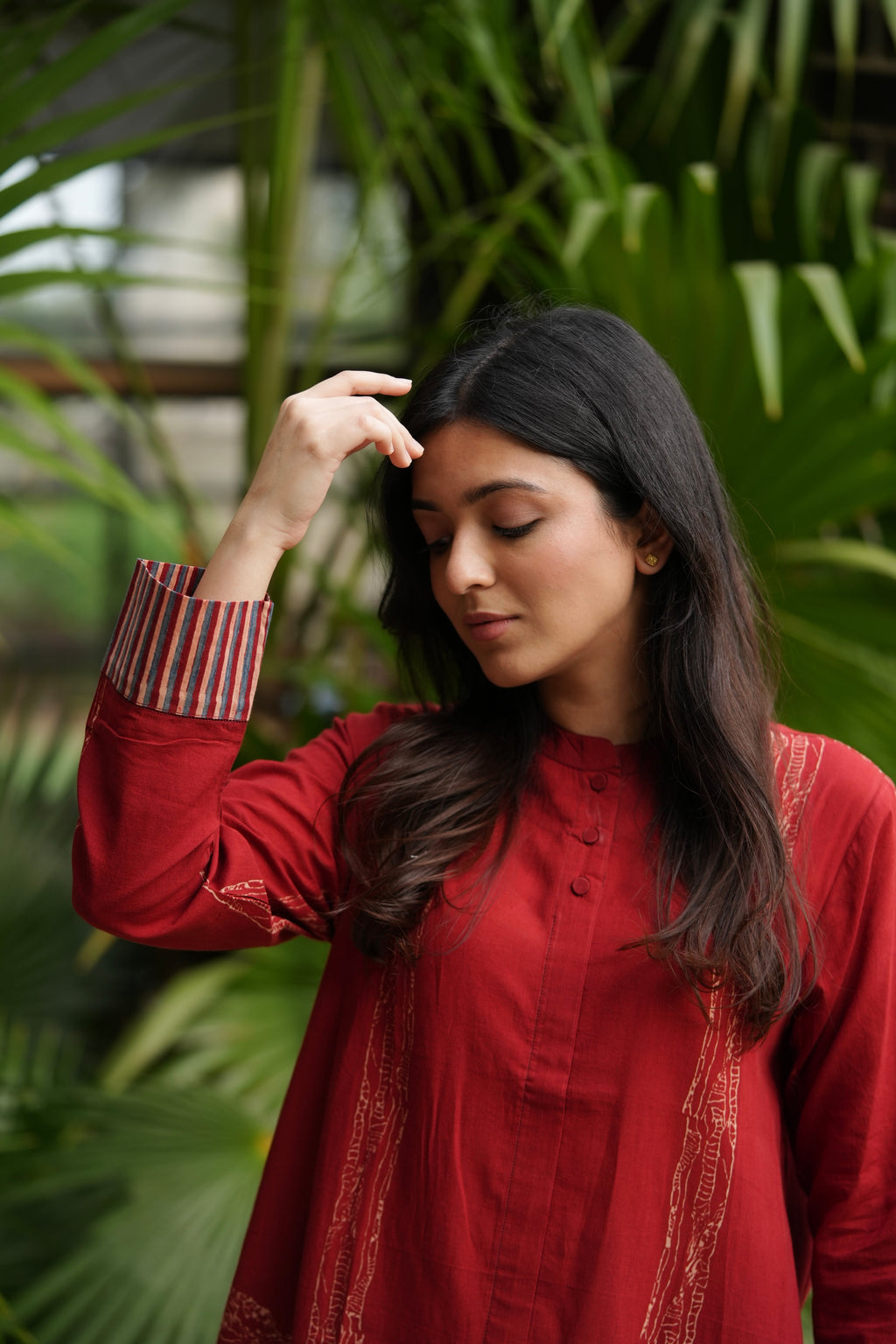 Red Mandarin Collar Cotton Kurta