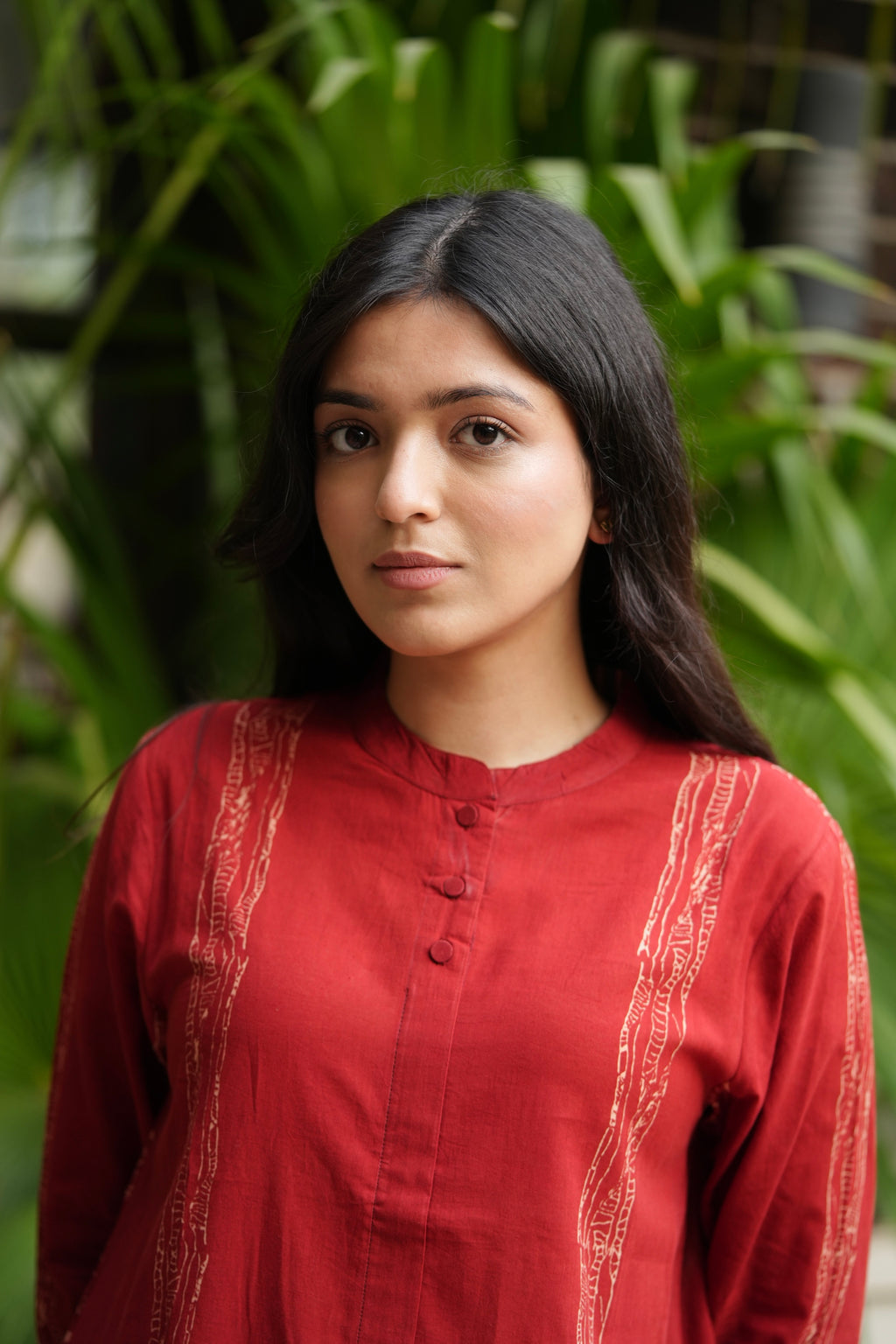 Red Mandarin Collar Cotton Kurta
