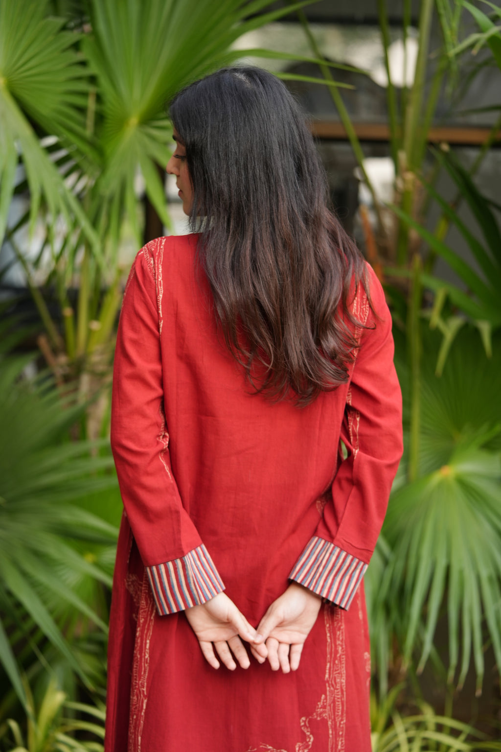Red Mandarin Collar Cotton Kurta