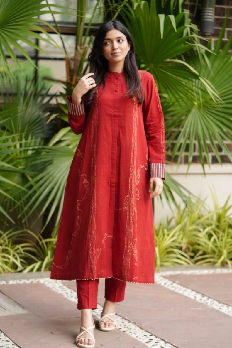 Red Mandarin Collar Cotton Kurta