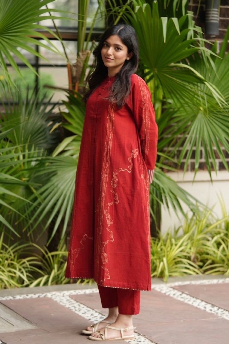 Red Mandarin Collar Cotton Kurta