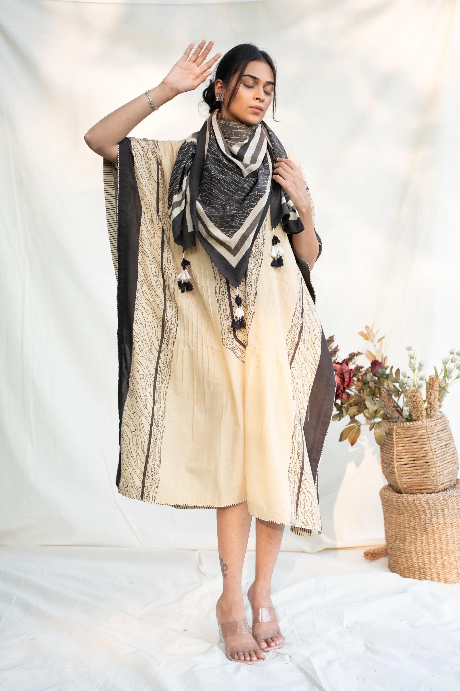 Off White Round Neck Cotton Kaftan