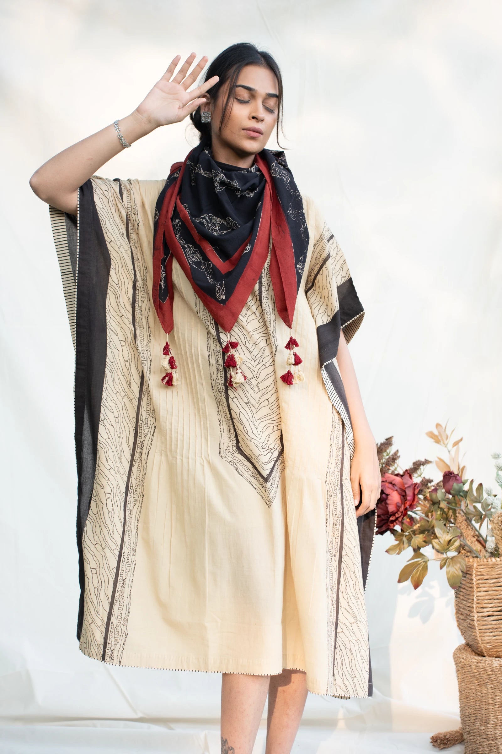 Off White Round Neck Cotton Kaftan