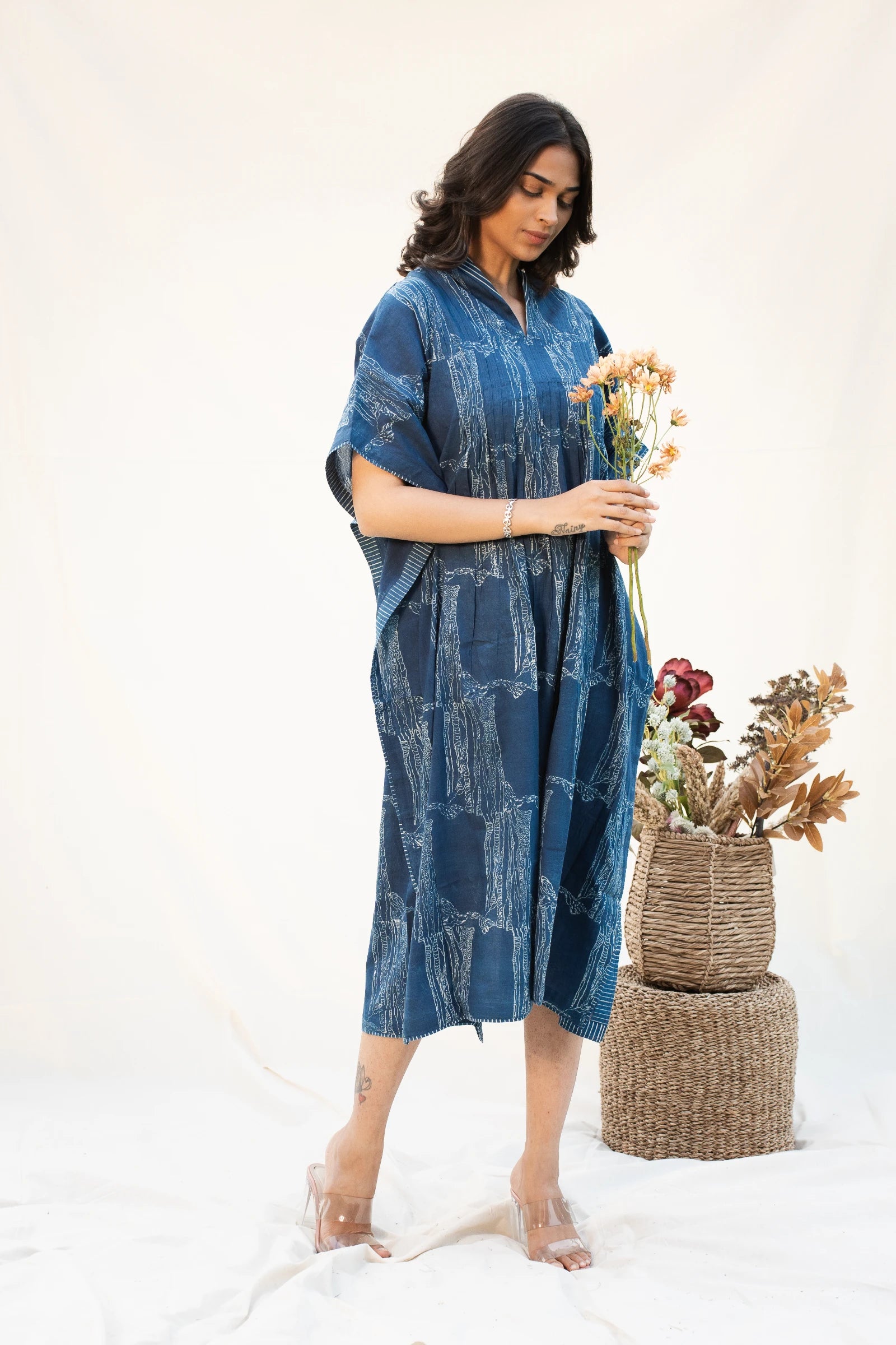 Indigo V Neck Cotton Kaftan