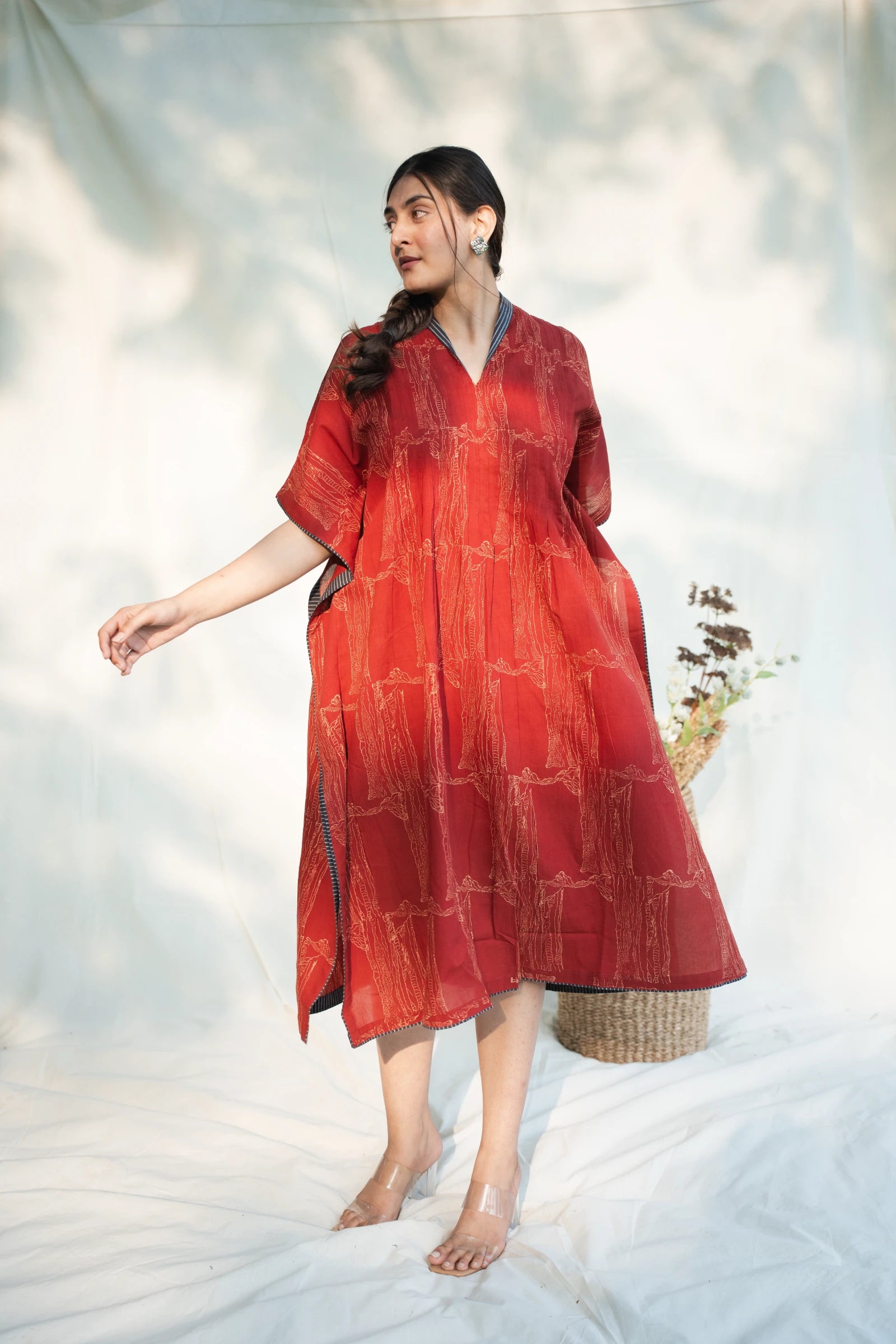 Red V Neck Cotton Kaftan