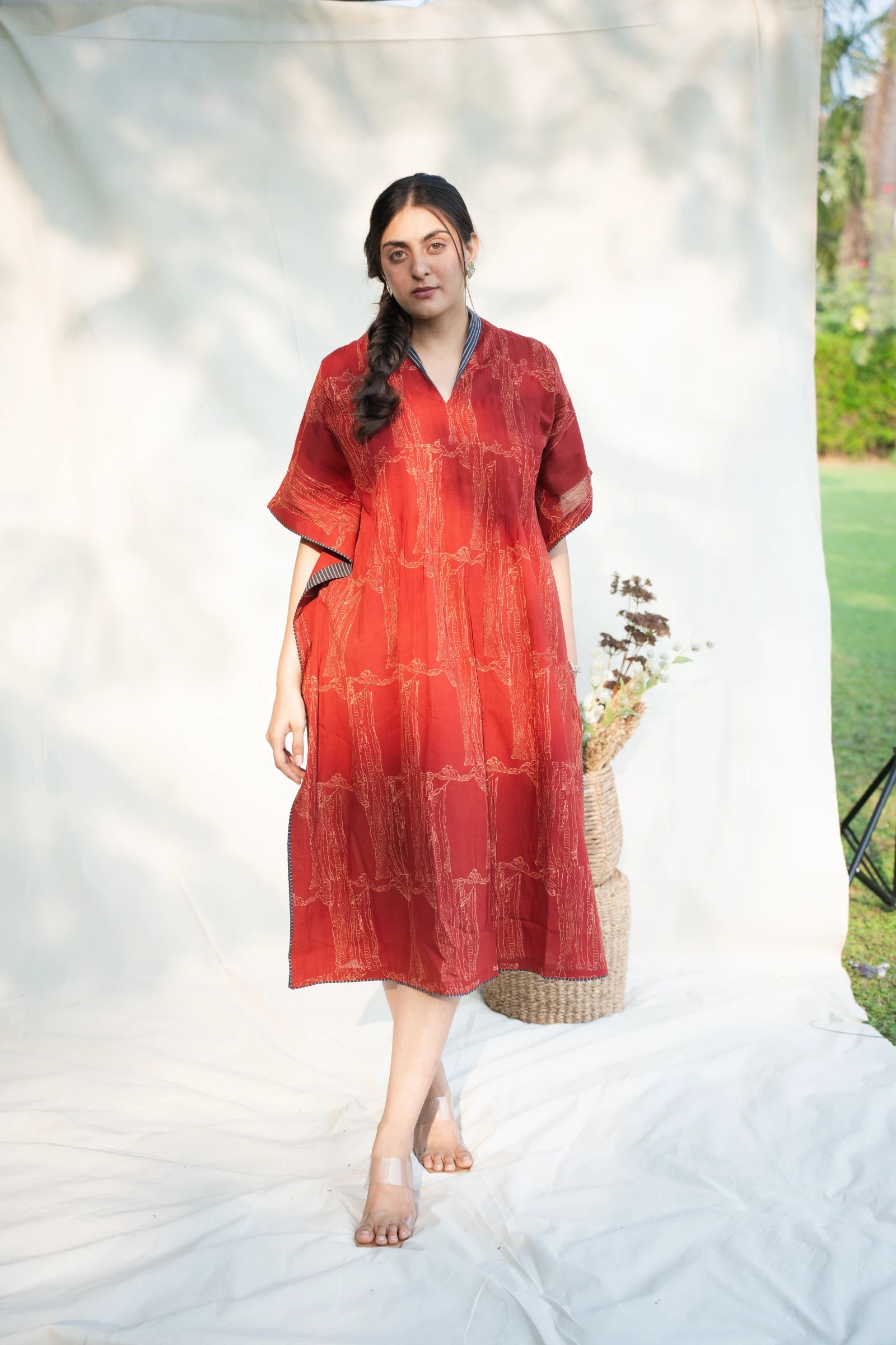 Red V Neck Cotton Kaftan