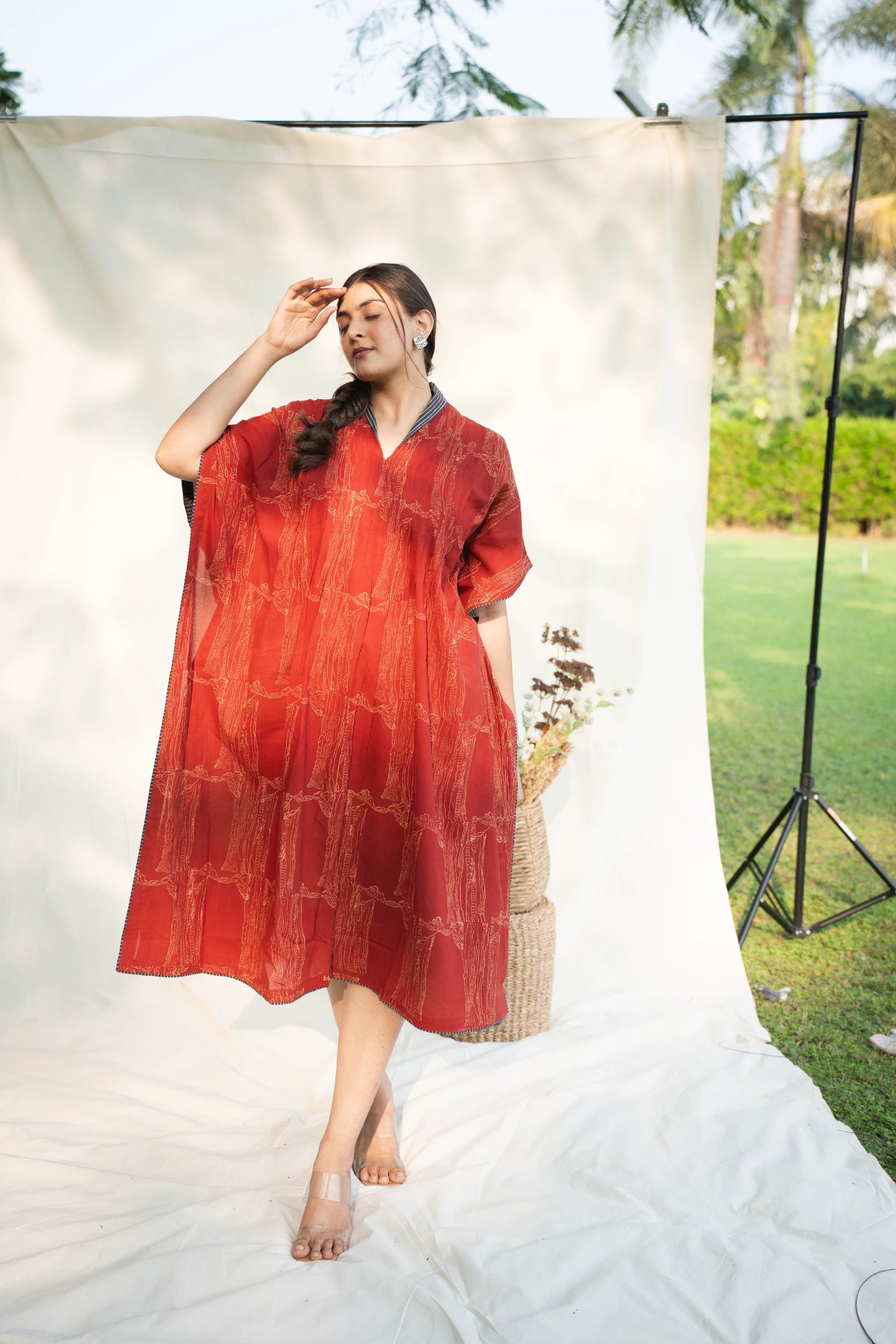 Red V Neck Cotton Kaftan