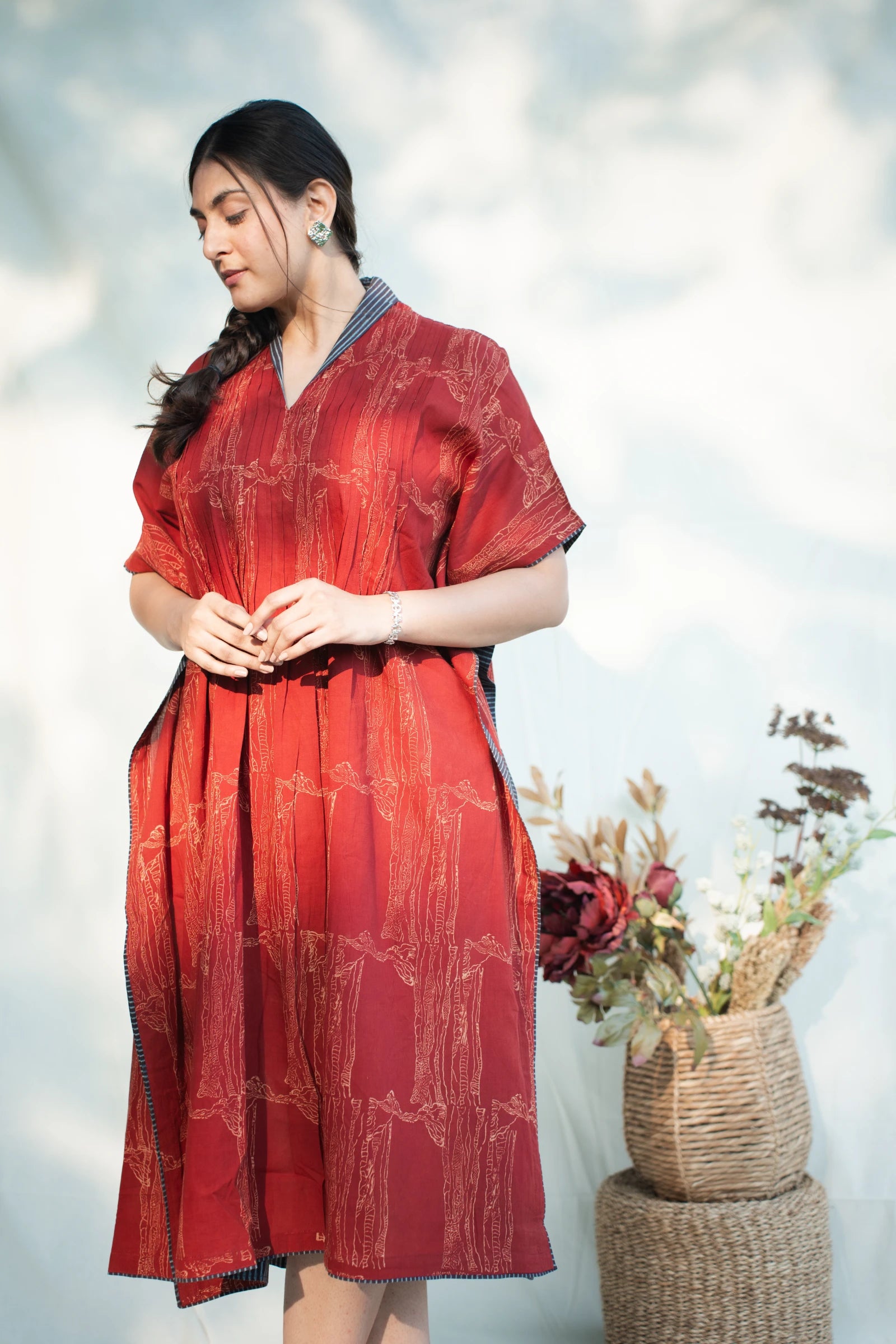 Red V Neck Cotton Kaftan