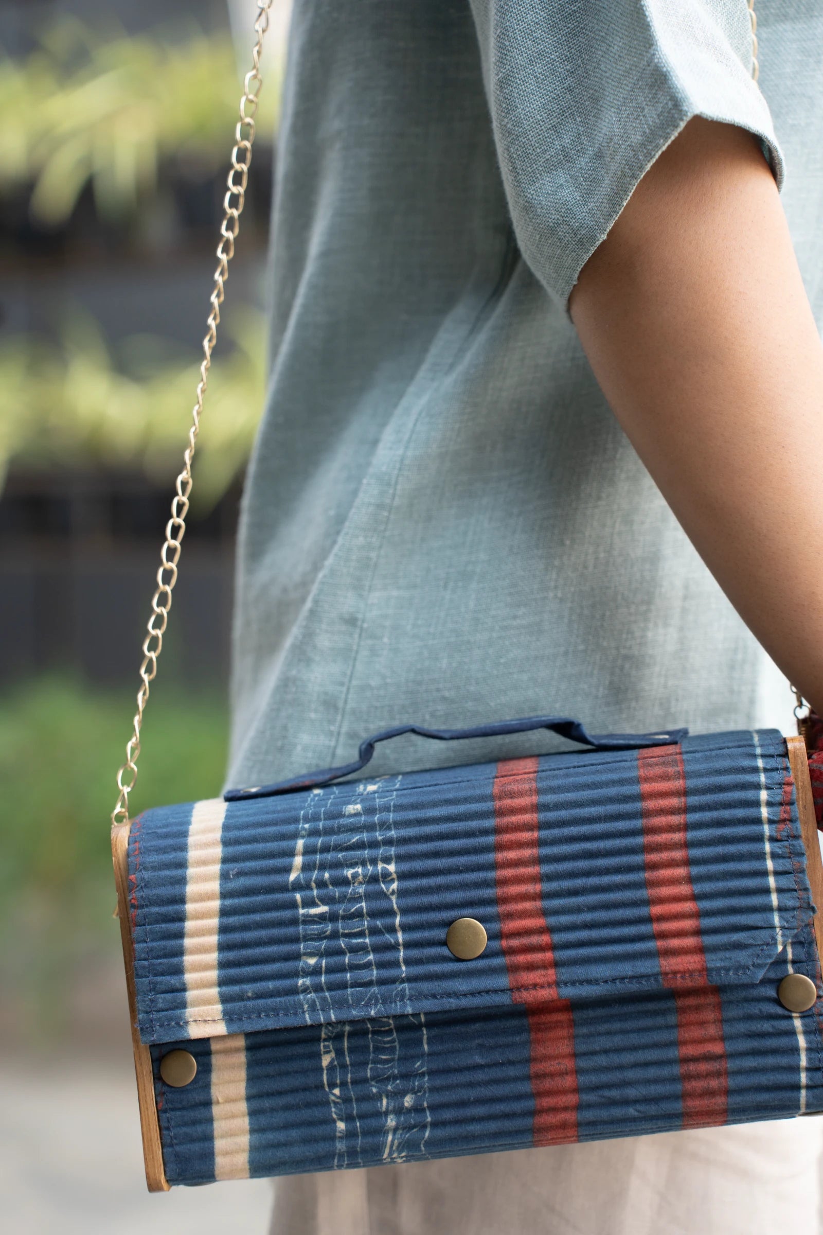 Upcycled Double Sleeves Clutch- Indigo & Off White