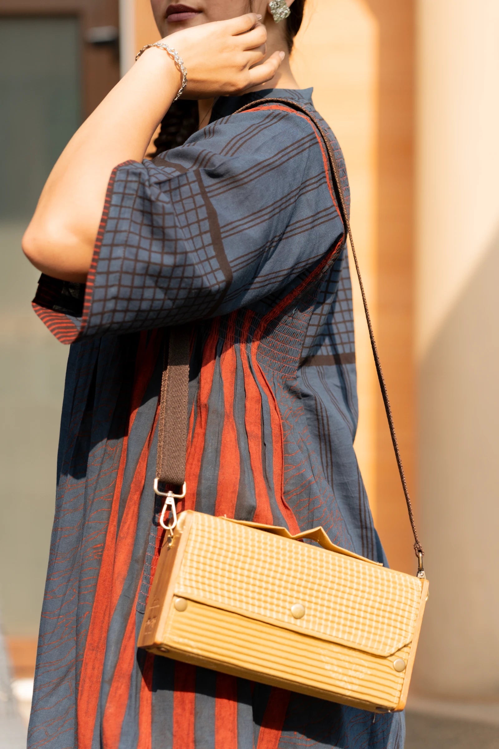 Upcycled Double Sleeves Clutch- Red & Mustard