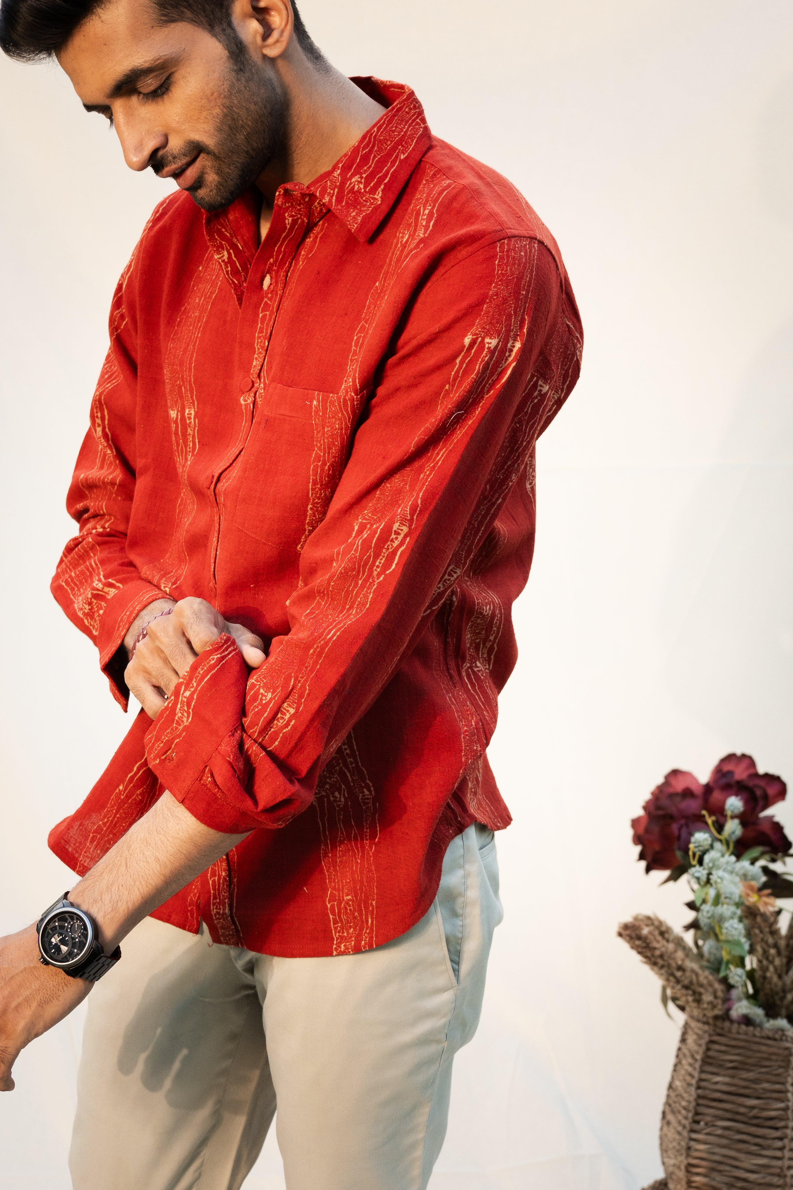 Red Full Sleeves Mens Kala Cotton Shirt