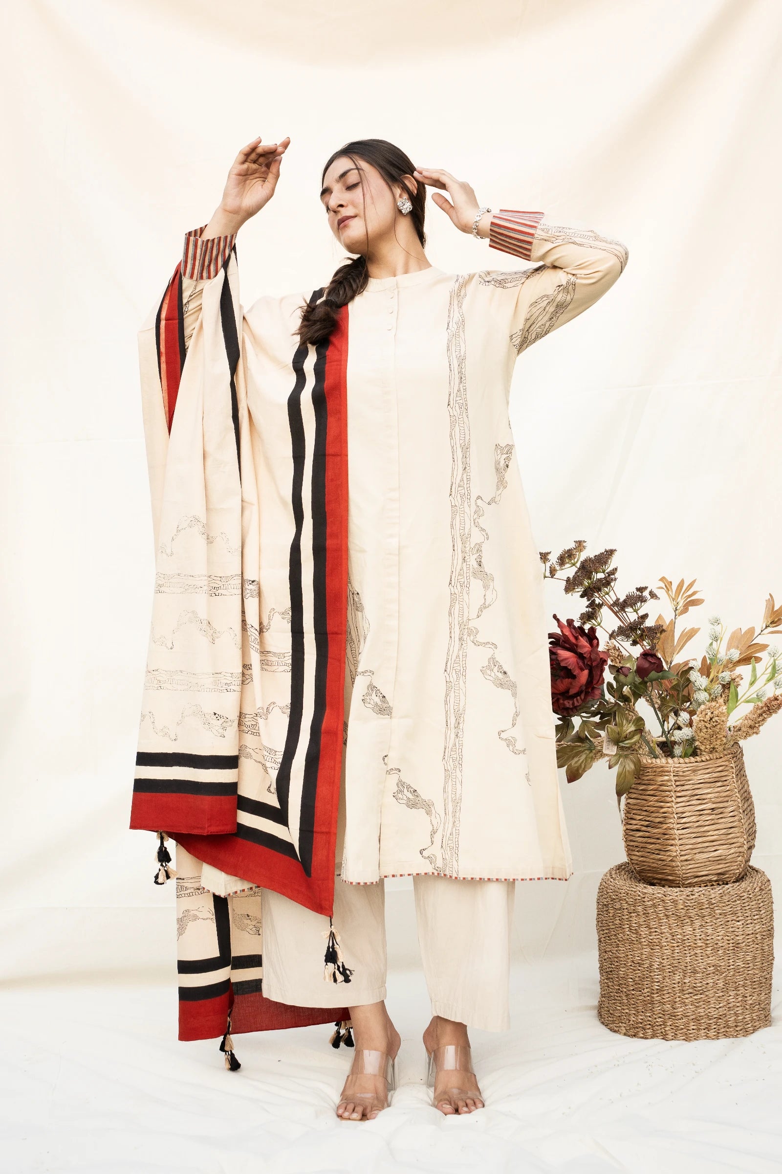 Off White Mandarin Collar Cotton Kurta