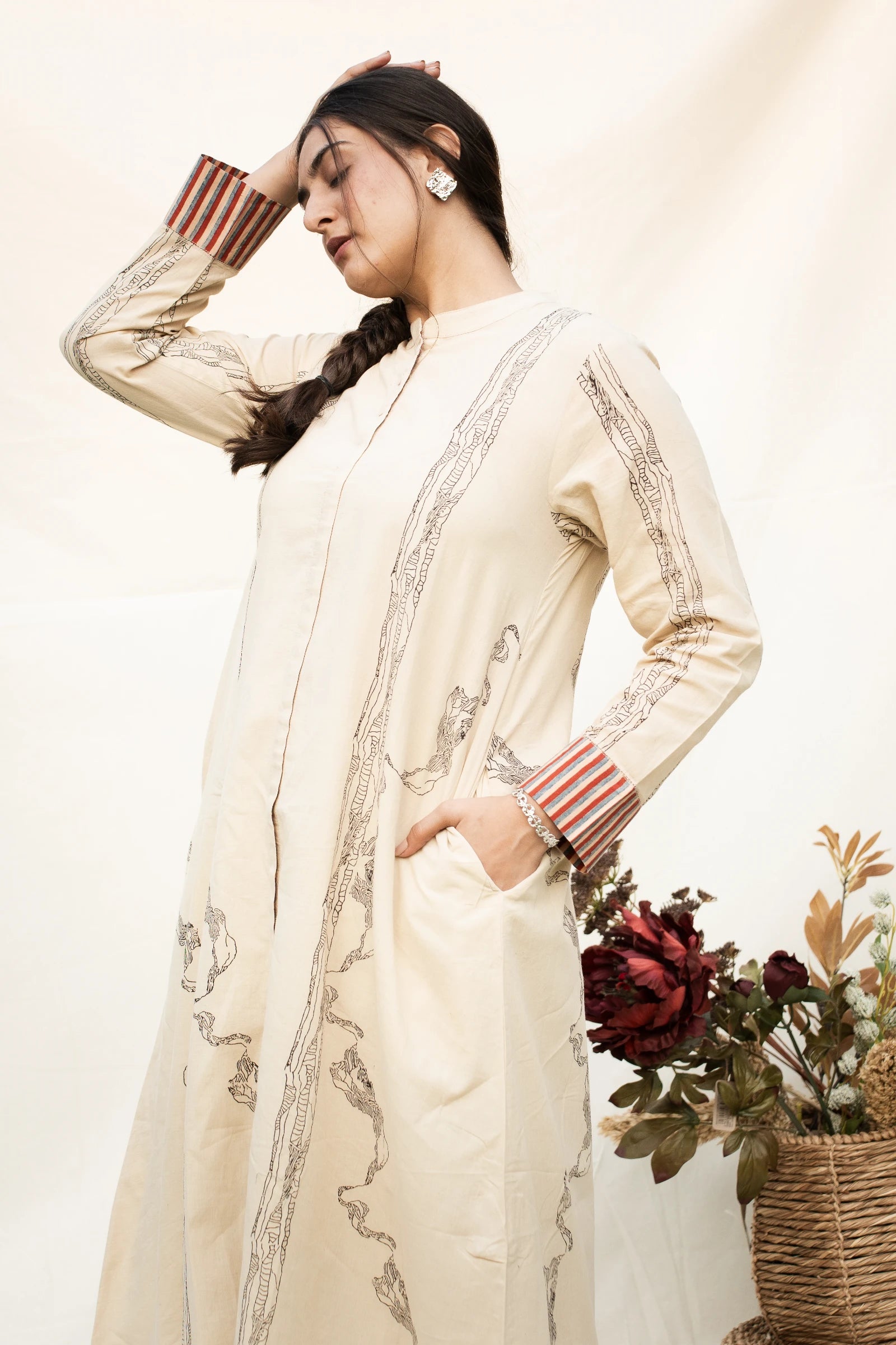 Off White Mandarin Collar Cotton Kurta