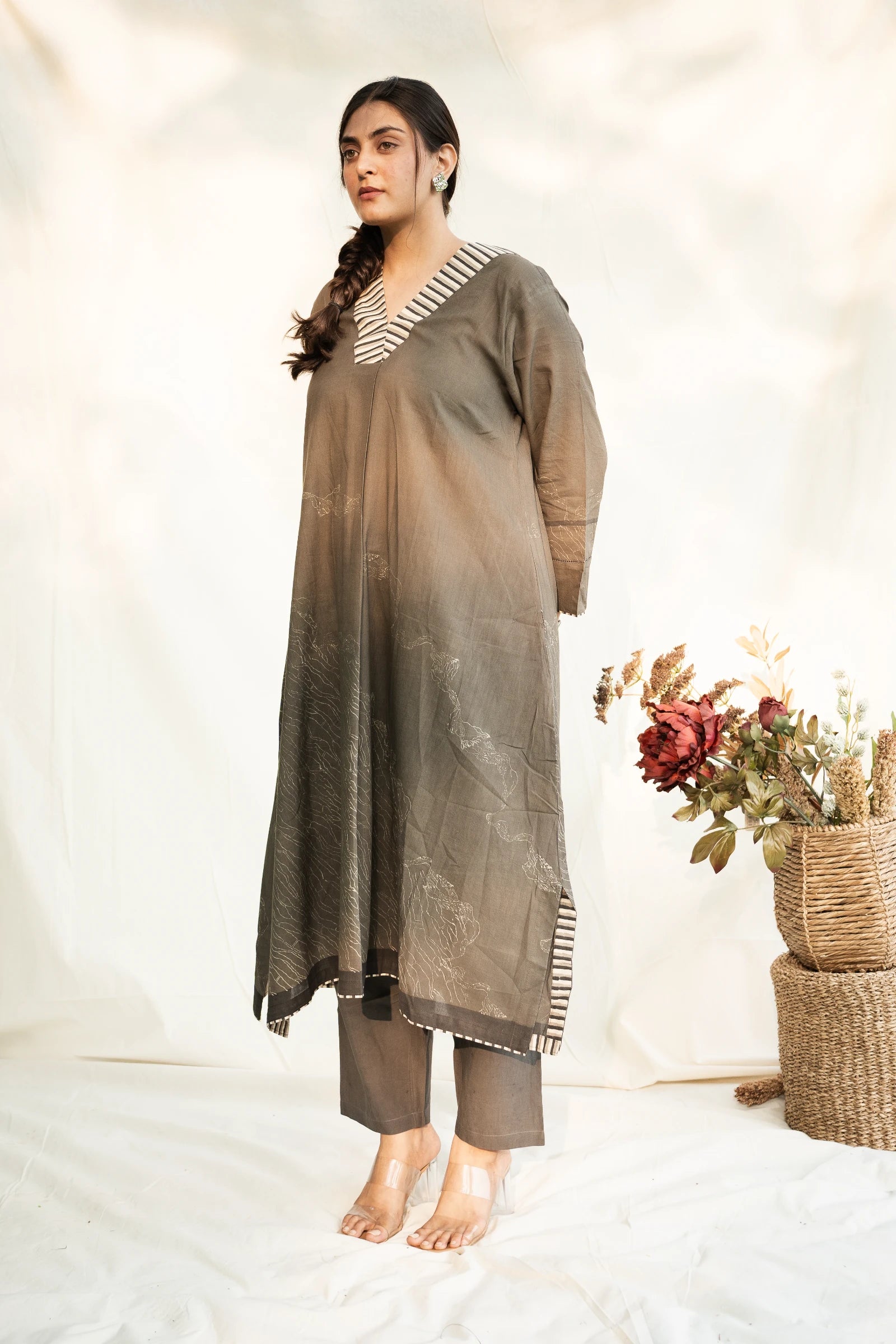 Grey V Neck Cotton Kurta