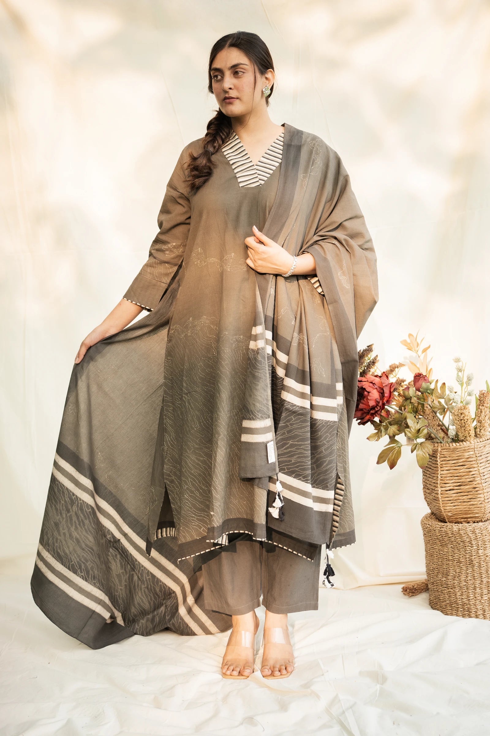 Grey V Neck Cotton Kurta