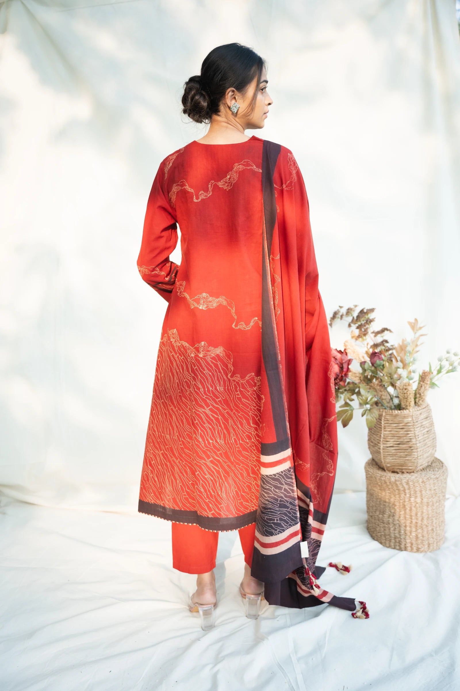 Red V Neck Cotton Kurta