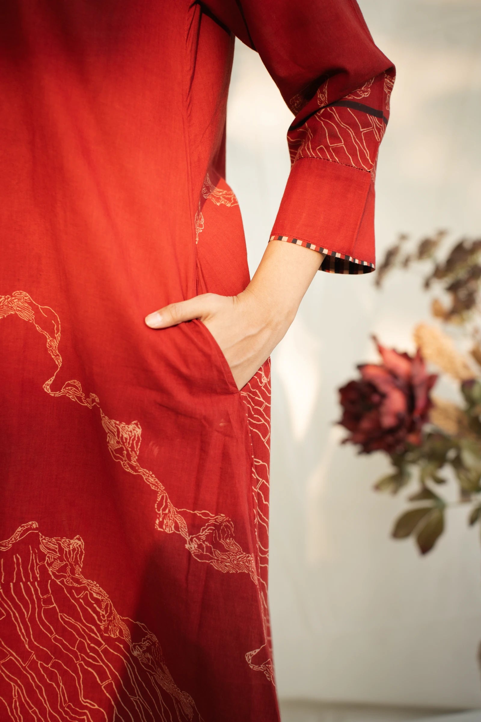Red V Neck Cotton Kurta